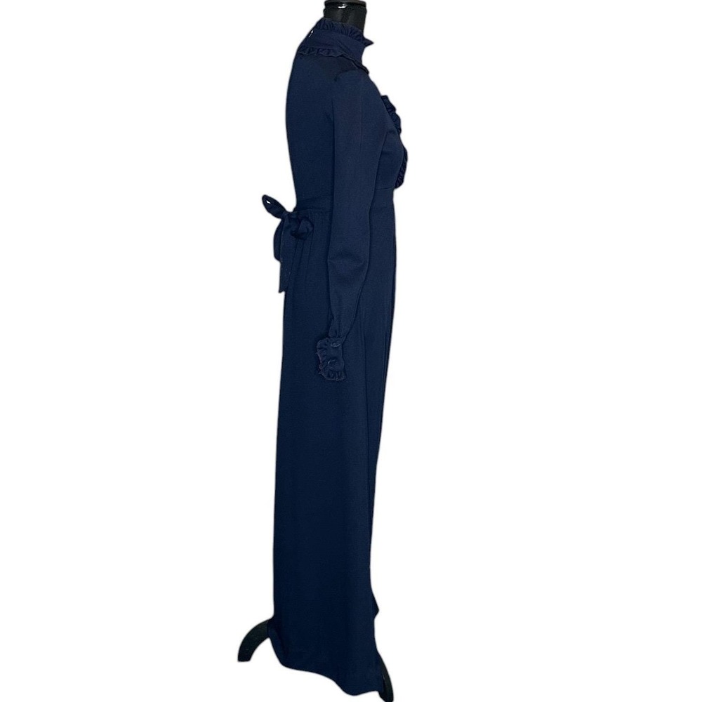 Vintage 70s Navy Blue Ruffle High Neck Maxi Dress Prairie Victorian Size XS - Picture 2 of 8